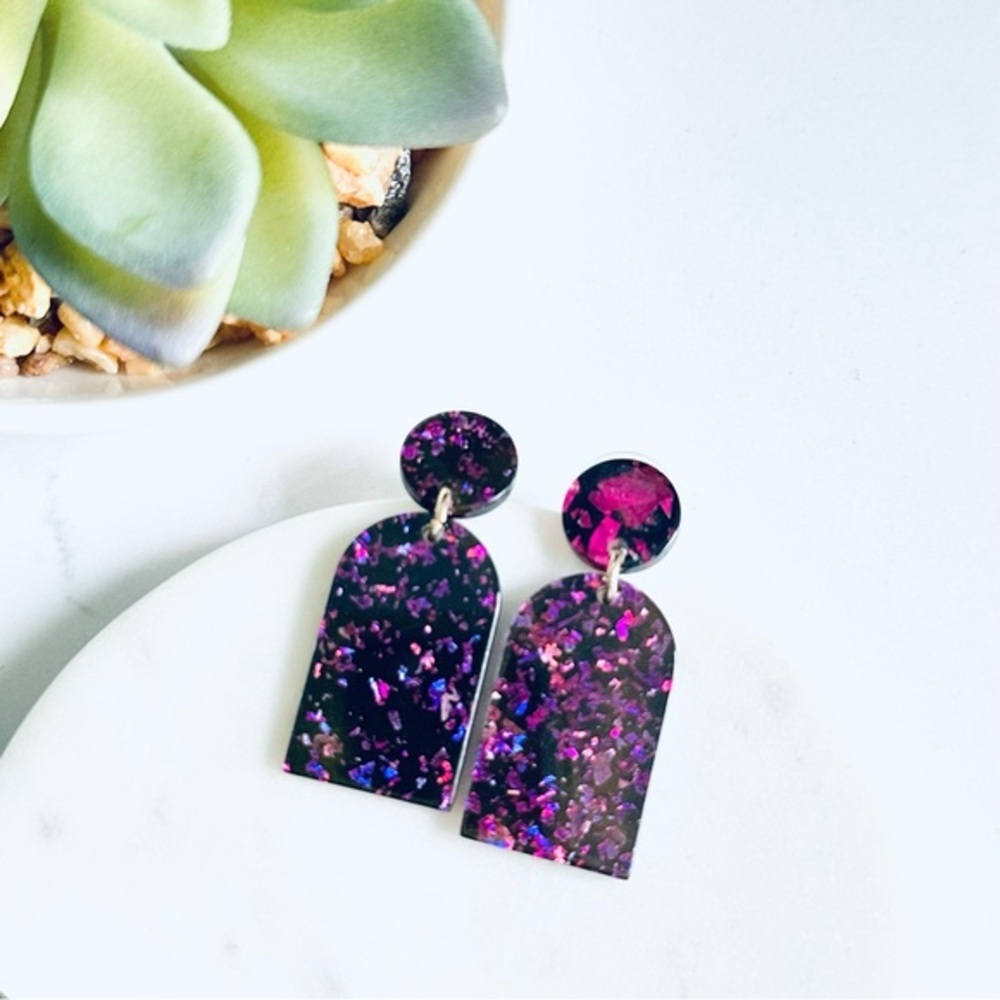 2/$30🌵 Purple Pink Galaxy Glitter Earrings Acrylic Arch Circle Sparkle Gift NEW